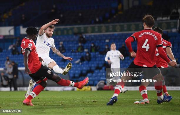 Stuart Dallas of Leeds United scores their sides second goal during the Premier League match between Leeds United and Southampton at Elland Road on...