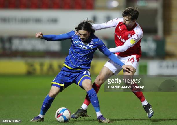 Filip Krovinović of Nottingham Forest battles for possession with Daniel Barlaser of Rotherham United during the Sky Bet Championship match between...