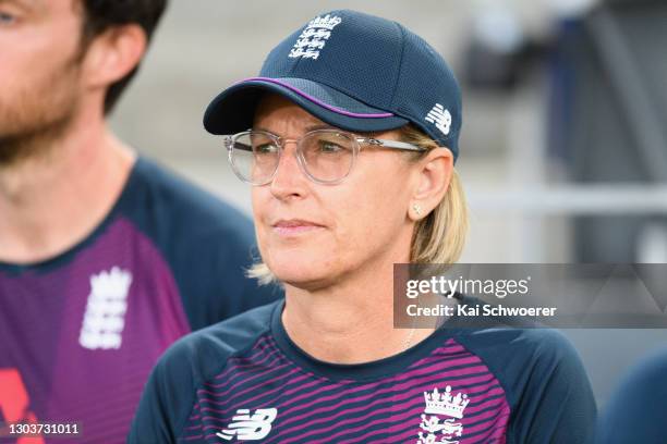 Head Coach Lisa Keightley of England looks on after the win in game one of the One Day International series between New Zealand and England at Hagley...