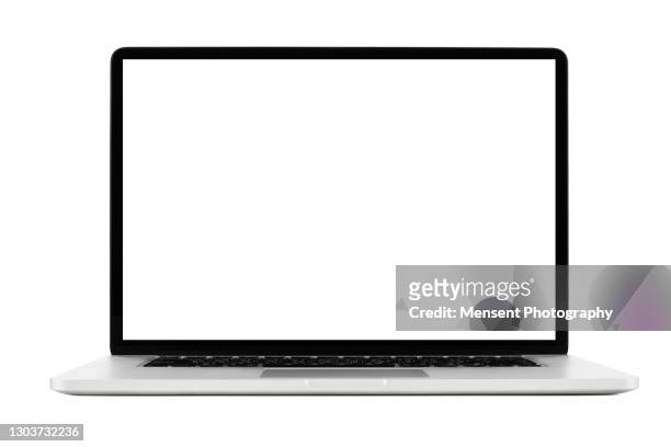 laptop isolated mockup with white screen isolated on white background - recortable fotografías e imágenes de stock