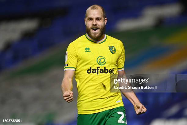 Teemu Pukki of Norwich City celebrates after scoring their side's second goal during the Sky Bet Championship match between Birmingham City and...