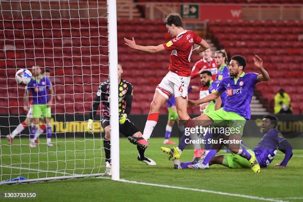 Dael Fry of Middlesborough scores their sides first goal past Daniel Bentley of Bristol City whilst under pressure from Zak Vyner of Bristol City...