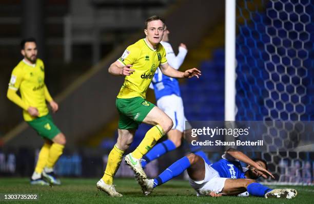 Oliver Skipp of Norwich City celebrates after scoring their side's third goal during the Sky Bet Championship match between Birmingham City and...