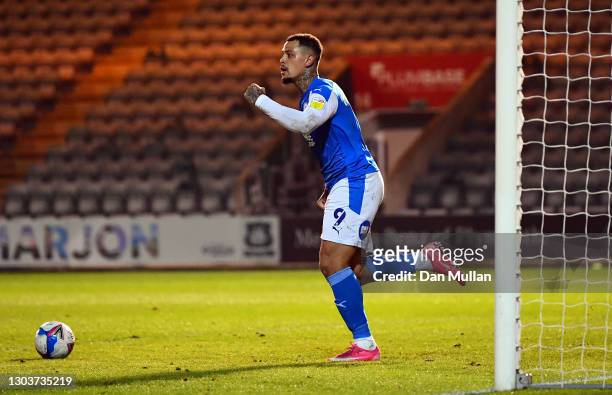 Jonson Clarke-Harris of Peterborough United celebrates after scoring his side's second goal during the Sky Bet League One match between Plymouth...
