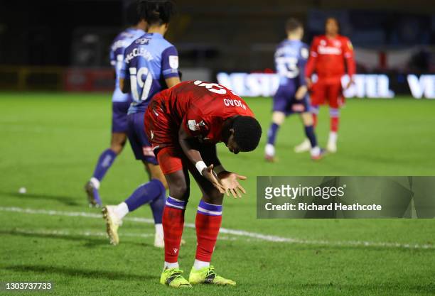 Lucas Joao of Reading reacts after missing a penalty during the Sky Bet Championship match between Wycombe Wanderers and Reading at Adams Park on...