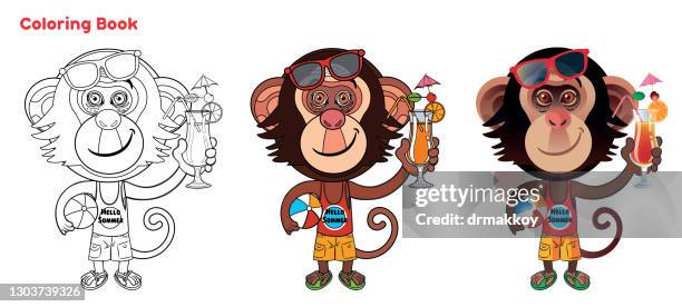 cute chimpanzee coloring book - zoo animals black and white clip art stock illustrations