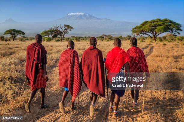 groep maasai krijgers die aan dorp, kenia, afrika teruggaan - masai stockfoto's en -beelden
