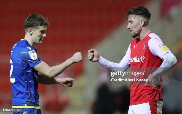 Ryan Yates of Nottingham Forest and Angus MacDonald of Rotherham United interact during the Sky Bet Championship match between Rotherham United and...