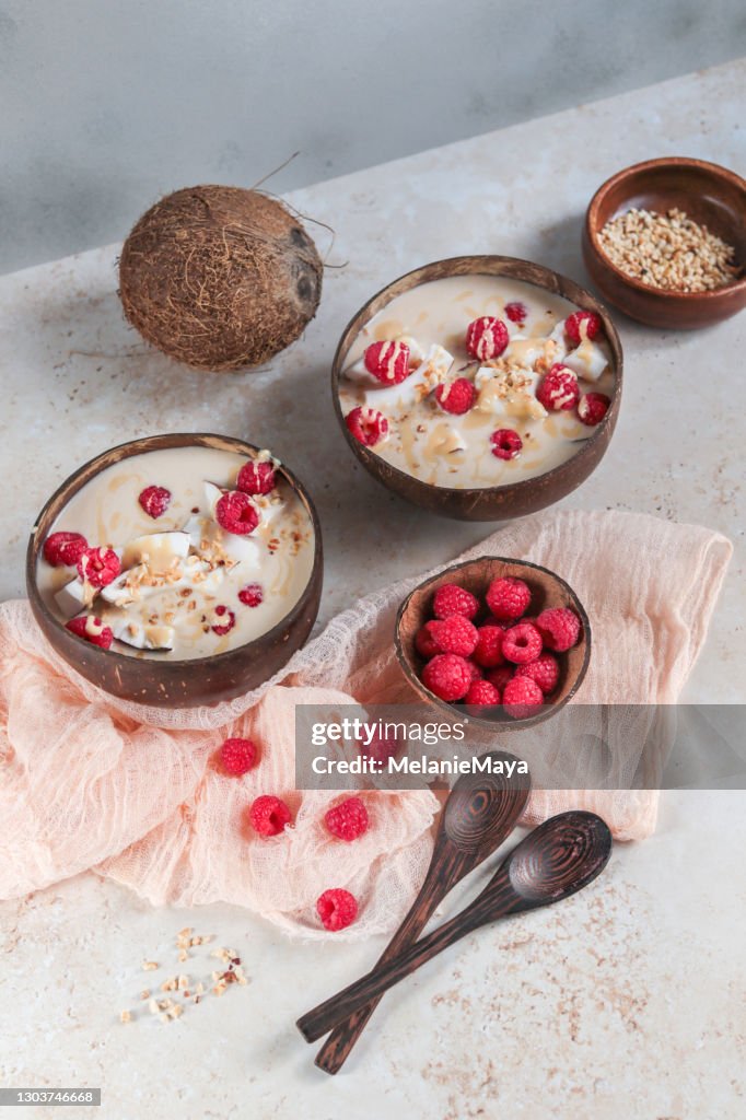 Healthy Coconut Smoothie Bowl with Raspberries