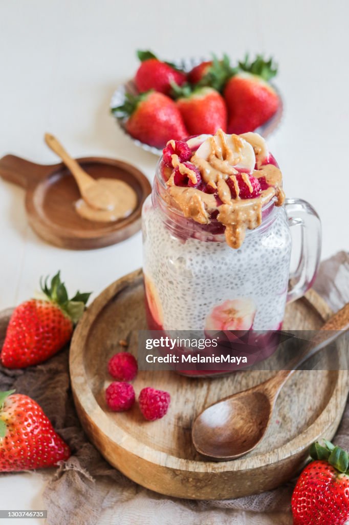 Chia Pudding Smoothie drink vegan Dessert with Almond Butter and Berries