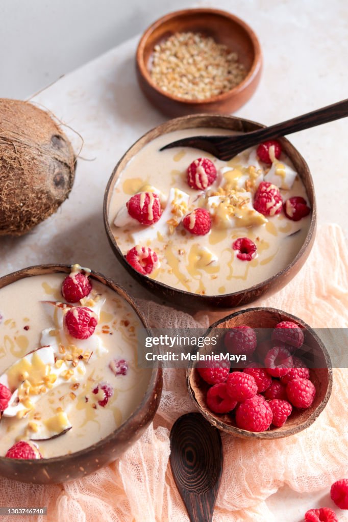 Healthy Coconut Smoothie Bowl with Raspberries