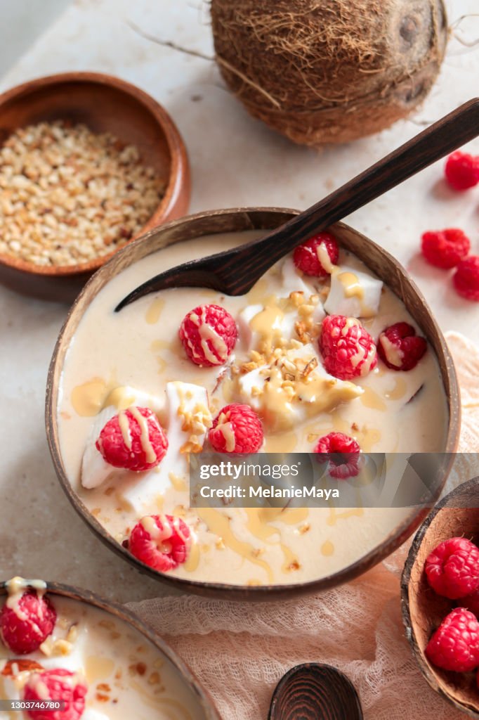 Healthy Coconut Smoothie Bowl with Raspberries
