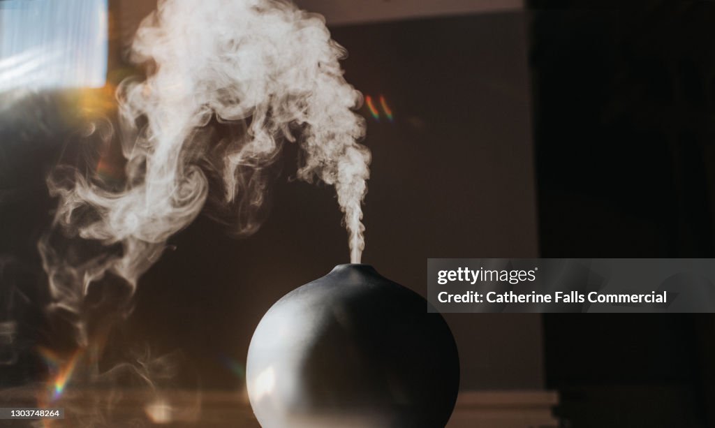 A thick mist gently rises and falls from an oil diffuser in a home environment