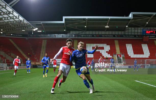 Matt Crooks of Rotherham United and Joe Worrall of Nottingham Forest battle for the ball during the Sky Bet Championship match between Rotherham...