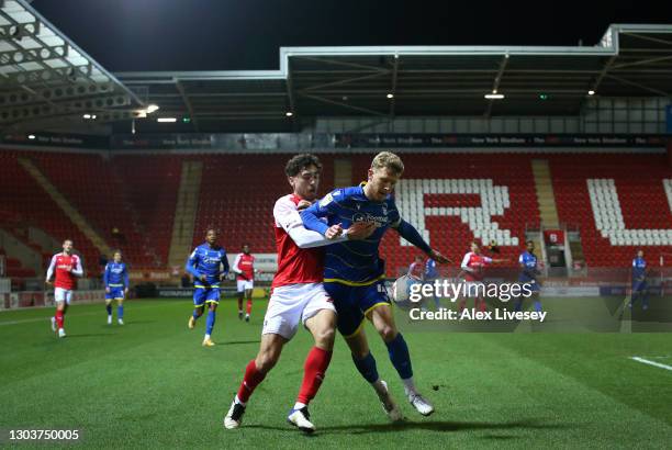 Matt Crooks of Rotherham United and Joe Worrall of Nottingham Forest battle for the ball during the Sky Bet Championship match between Rotherham...