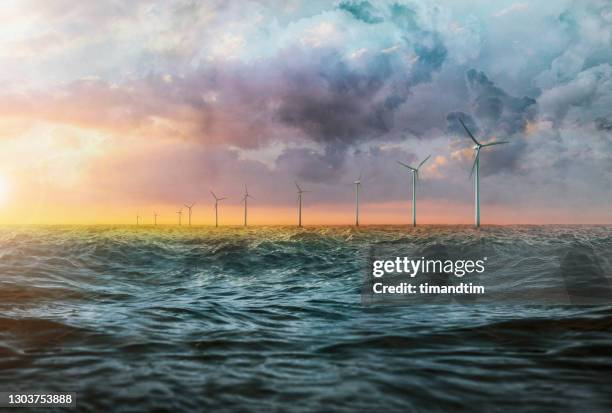 groupf of wind turbines on the sea at sunset - impact investing stock pictures, royalty-free photos & images