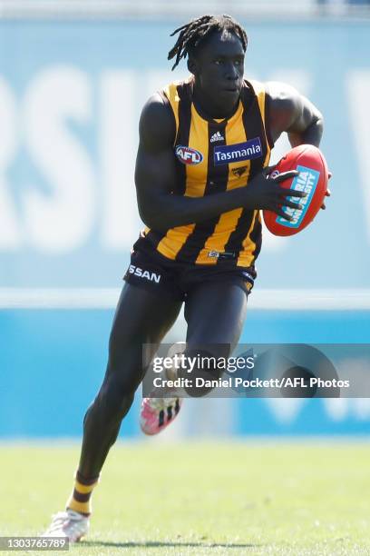 Changkuoth Jiath of the Hawks runs with the ball during the AFL Practice Match between the Western Bulldogs and the Hawthorn Hawks at Whitten Oval on...