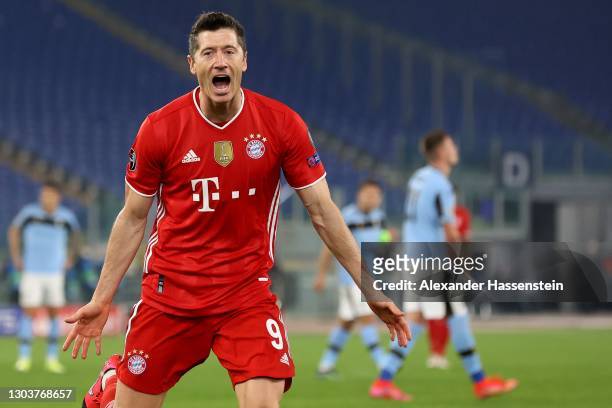 Robert Lewandowski of FC Bayern München celebrates scoring the first team goal during the UEFA Champions League Round of 16 match between Lazio Roma...