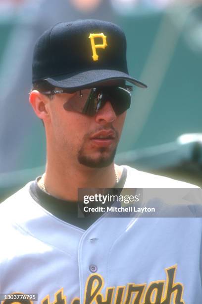 Esteban Loaiza of the Pittsburgh Pirates looks on before a baseball game against the Philadelphia Phillies on July 27, 1995 at Veterans Stadium in...