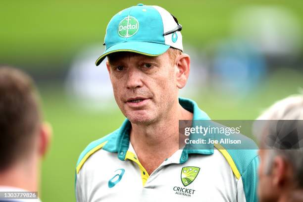 Andrew McDonald head coach of Australia speaks to media during an Australia International T20 training session at University of Otago Oval on...