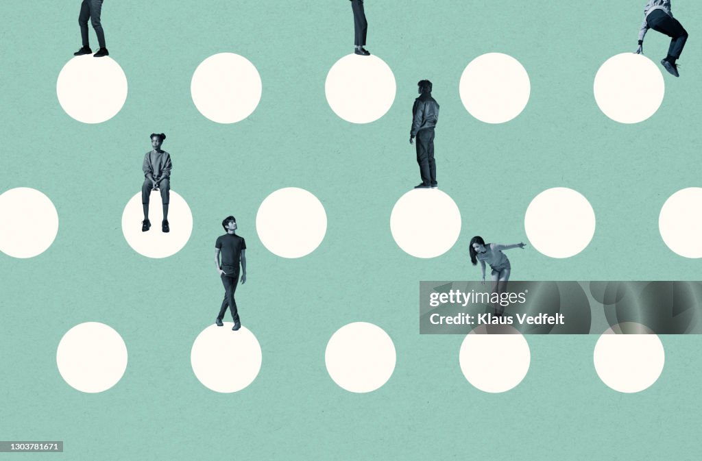 Young multi-ethnic friends on white circles