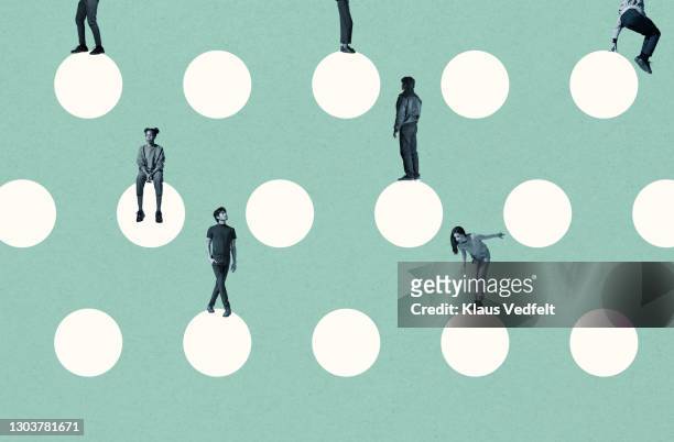 young multi-ethnic friends on white circles - identity stock pictures, royalty-free photos & images