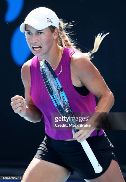 Yulia Putintseva of Kazakhstan celebrates winning a game during her match against Storm Sanders of Australia on day three of the Adelaide...