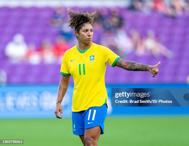 Cristiane of Brazil talks to a teammate during a game between Argentina and Brazil at Exploria Stadium on February 18, 2021 in Orlando, Florida.