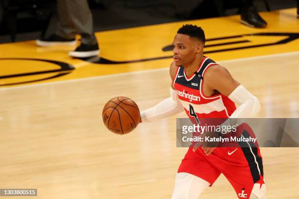 Russell Westbrook of the Washington Wizards brings the ball up court against the Los Angeles Lakers during the third quarter at Staples Center on...