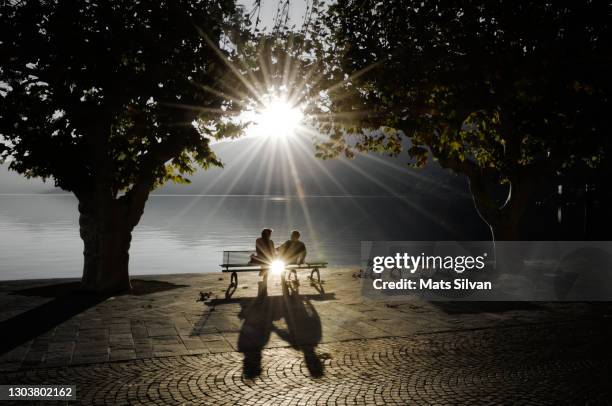 romantic couple sitting on a bench on the waterfront with trees and sunbeam on alpine lake - ascona 個照片及圖片檔