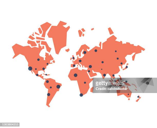 illustrazioni stock, clip art, cartoni animati e icone di tendenza di mappa del mondo punti rossi - semplicità