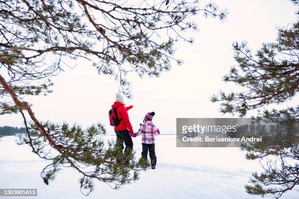 a caucasian family, mother and daughter, stand on the shore of the sea bay and admire the beautiful view of nature. walking tour through the winter forest on the shore of the sea bay. - family ice nature stock pictures, royalty-free photos & images