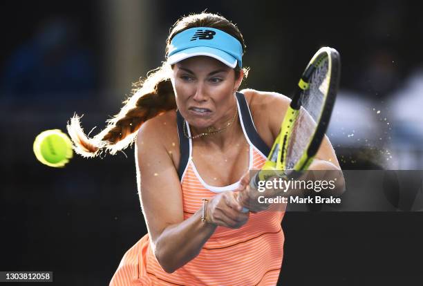 Danielle Collins of the USA plays a back hand during her match against Ashleigh Barty of Australia on day three of the Adelaide International WTA 500...