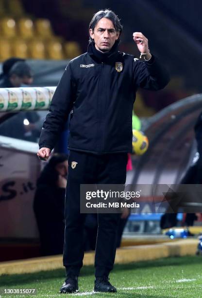 Filippo Inzaghi Coach of Benevento Calcio reacts ,during the Serie A match between Benevento Calcio and AS Roma at Stadio Ciro Vigorito on February...