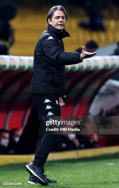 Filippo Inzaghi Coach of Benevento Calcio reacts ,during the Serie A match between Benevento Calcio and AS Roma at Stadio Ciro Vigorito on February...