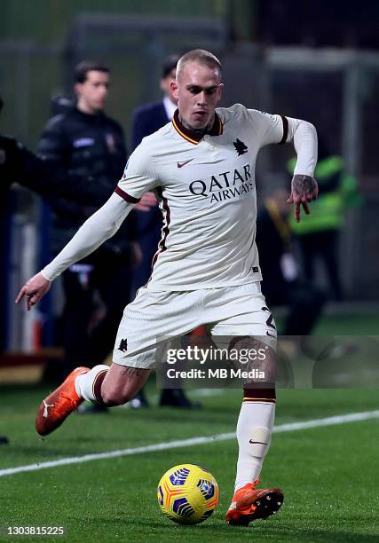 Rick Karsdorp of AS Roma in action ,during the Serie A match between Benevento Calcio and AS Roma at Stadio Ciro Vigorito on February 21, 2021 in...