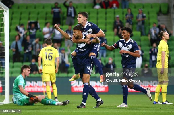 Rudy Gestede of the Victory celebrates after scoring a goal during the A-League match between the Melbourne Victory and the Wellington Phoenix at...