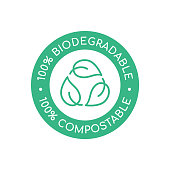 100% biodegradable 100% compostable icon, logo. Green leaves in a circle.