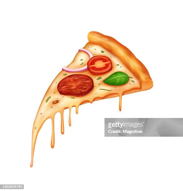 stockillustraties, clipart, cartoons en iconen met plak van pizza met salami, tomaten, basilicum en uien - mozzarellakaas