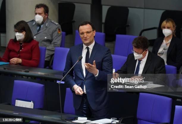 German Health Minister Jens Spahn speaks during a question and answer session at the Bundestag during the coronavirus pandemic on February 24, 2021...
