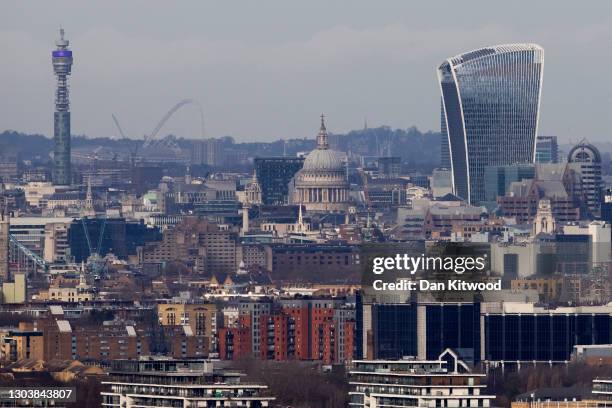 General view over the London skyline including St Paul's Cathedral, the Wembley Arch, and the BT Tower on February 24, 2021 in London, United Kingdom.