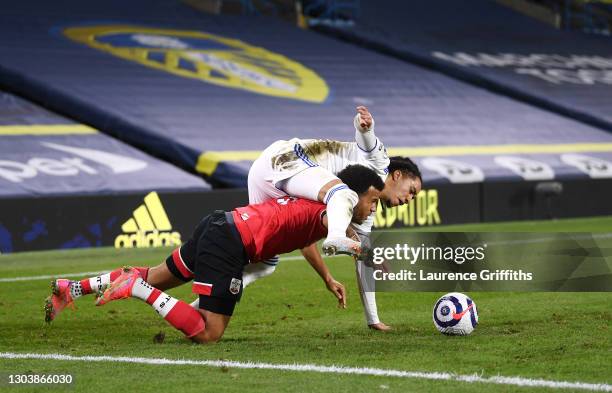 Helder Costa of Leeds United battles for the ball with Ryan Bertrand of Southampton during the Premier League match between Leeds United and...