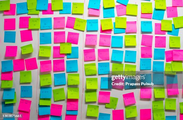 whiteboard post-it colored notes - wall of sticky notes stock pictures, royalty-free photos & images