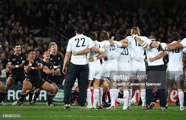 The All Blacks perform the haka during the 2011 IRB Rugby World Cup Final match between France and New Zealand at Eden Park on October 23, 2011 in...