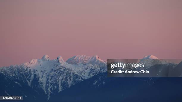 The downtown Vancouver skyline glows pink shortly before sunrise on February 24, 2021 in Burnaby, British Columbia, Canada. In Canada, Anti-Bullying...