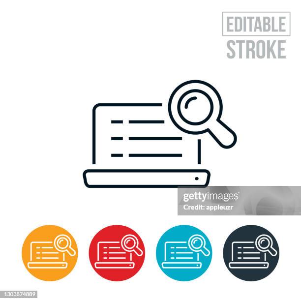internet search on laptop computer thin line icon - editable stroke - data on computer screen stock illustrations