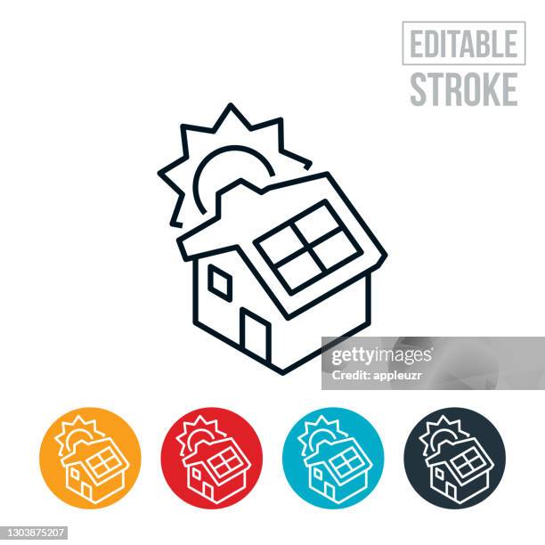 house with solar panels on roof thin line icon - editable stroke - houses in the sun stock illustrations