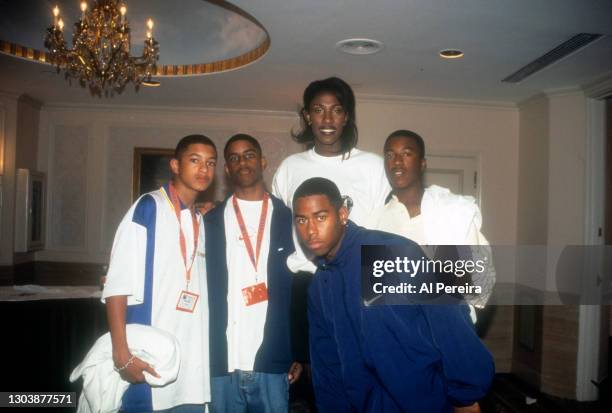 Members of the R & B group Mista and WNBA star Lisa Leslie appear in a backstage photo taken at the Vibe Magazine Fashion Show in New York City on...