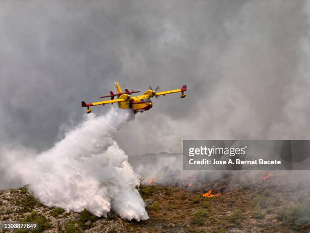 fire-fighting plane discharging water over a burning forest in a forest fire. - extinguishing stockfoto's en -beelden