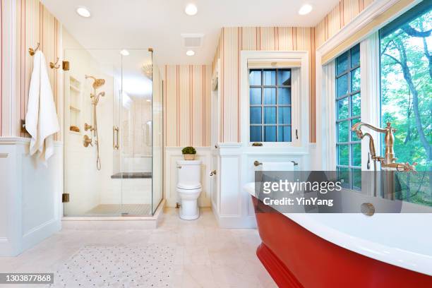 modernes badezimmerdesign mit freistehender eisenbadewanne - downlight stock-fotos und bilder